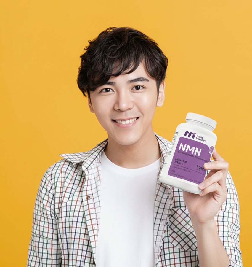 Person holding a supplement bottle labeled 'NMN' against a yellow background