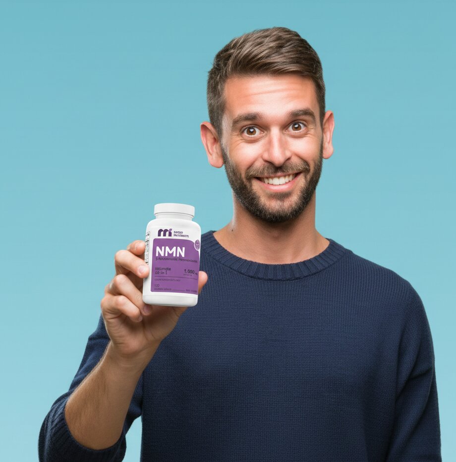 Man holding a supplement bottle labeled 'NMN' against a blue background