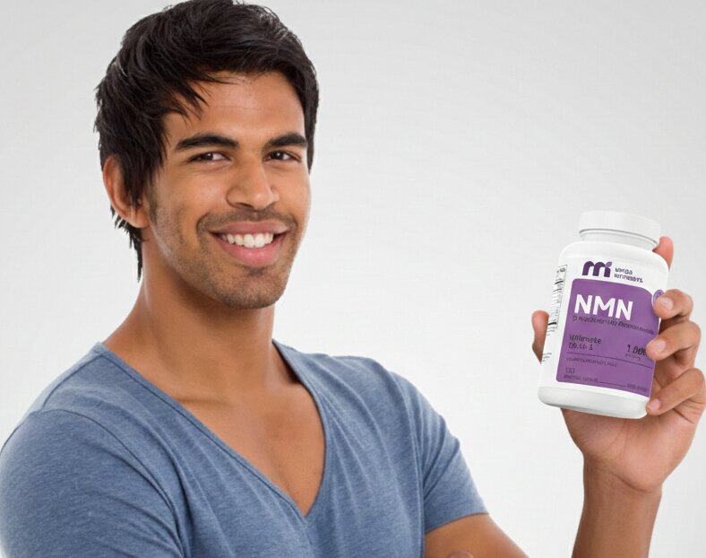 Man holding a container labeled 'NMN' against a plain background