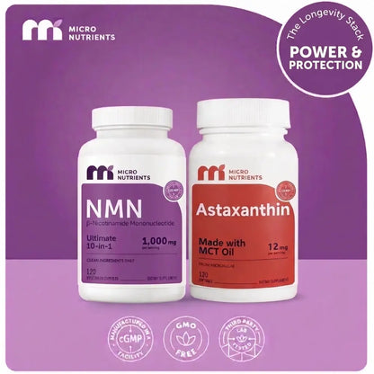 Two supplement bottles labeled 'NMN' and 'Astaxanthin' on a purple background with 'Micro Nutrients' branding.