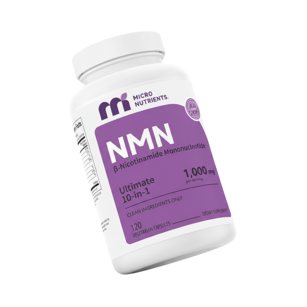 Supplement bottle labeled 'NMN' by Micro Nutrients on a white background