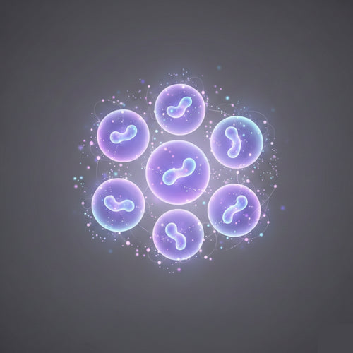 Illustration of glowing purple and blue cells on a dark background
