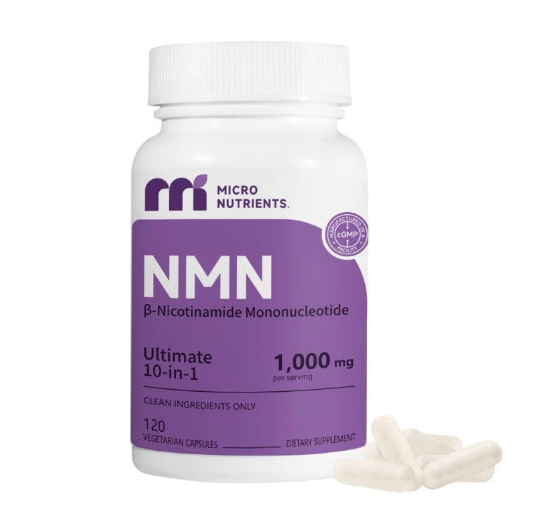 Supplement bottle labeled 'NMN' with purple label on a white background