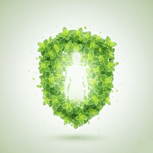 Silhouette of a person surrounded by green leaves on a light gray background