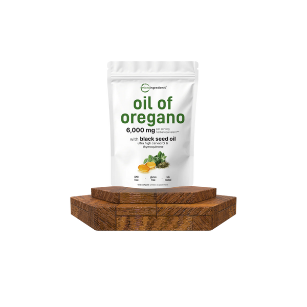 Bag of 'oil of oregano' on a wooden stand with a white background
