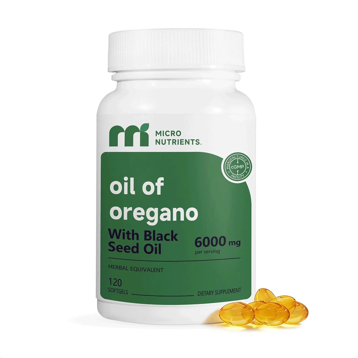 Supplement bottle labeled 'oil of oregano with black seed oil' by Micro Nutrients on a white background.