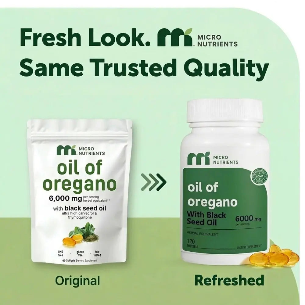 Two versions of 'oil of oregano' packaging by Micro Nutrients on a green background.