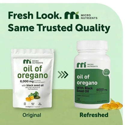 Two versions of 'oil of oregano' packaging by Micro Nutrients on a green background.