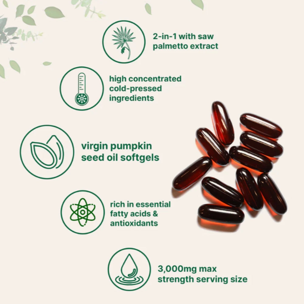 Virgin pumpkin seed oil softgels with health benefits listed on a white background