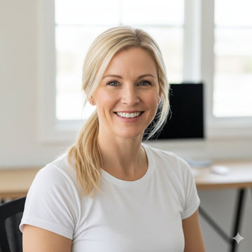 Woman in a white shirt smiling in an office setting