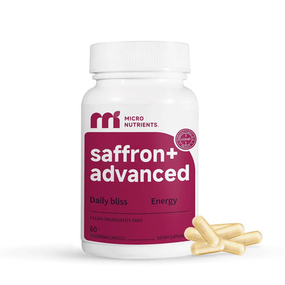 Supplement bottle labeled 'saffron+ advanced' by Micro Nutrients on a white background