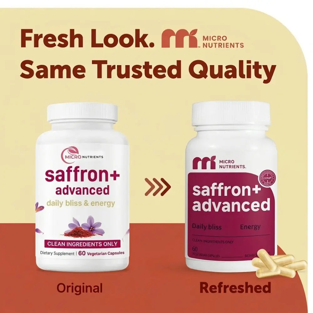 Two bottles of Micro Nutrients saffron+ advanced supplement with a fresh look label on a beige and red background.