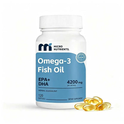 A white bottle of Micro Nutrients Omega-3 Fish Oil with a blue label, shown with several golden-yellow softgel capsules on a clean white background.