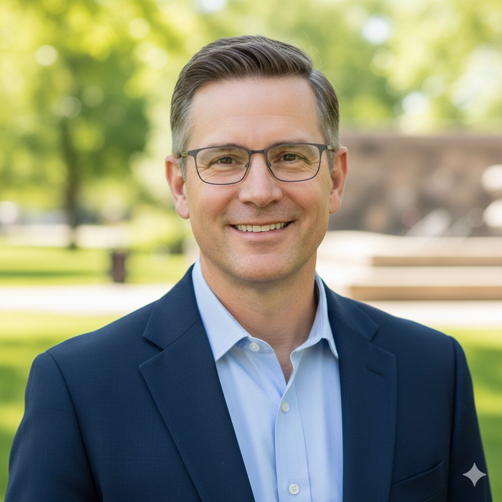 Man wearing glasses and a dark suit jacket in an outdoor setting