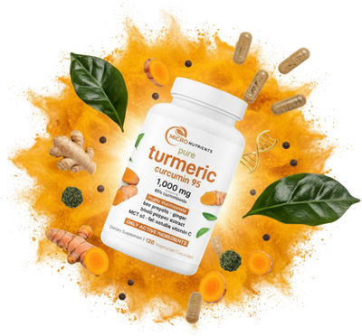 Turmeric supplement bottle with turmeric roots and leaves on a white background