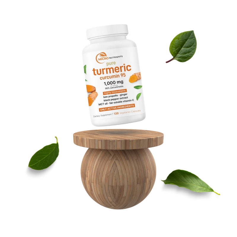 Turmeric supplement bottle on a wooden stool with turmeric roots and leaves on a white background