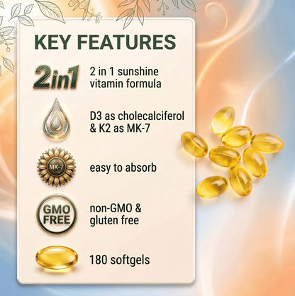 Vitamin supplement packaging with text highlighting features like '2 in 1 sunshine vitamin formula' and 'GMO-free'.