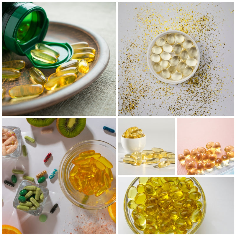 Collage of images showing vitamin D3 amd Vitamin K2 supplements including capsules, gummies, and powders.