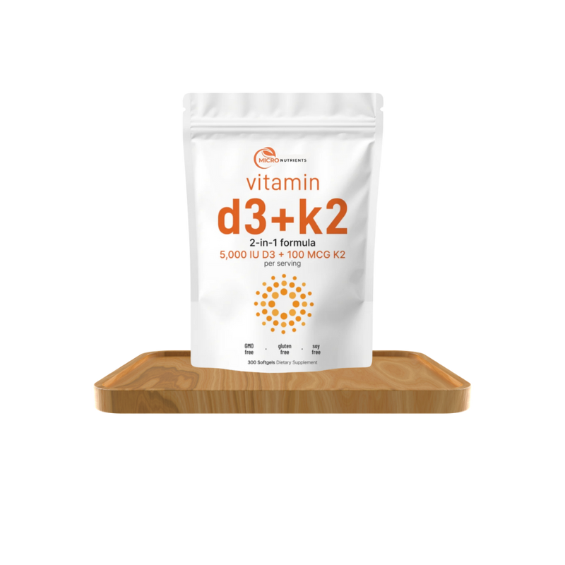 Vitamin D3 + K2 supplement package on a wooden stand with a white background