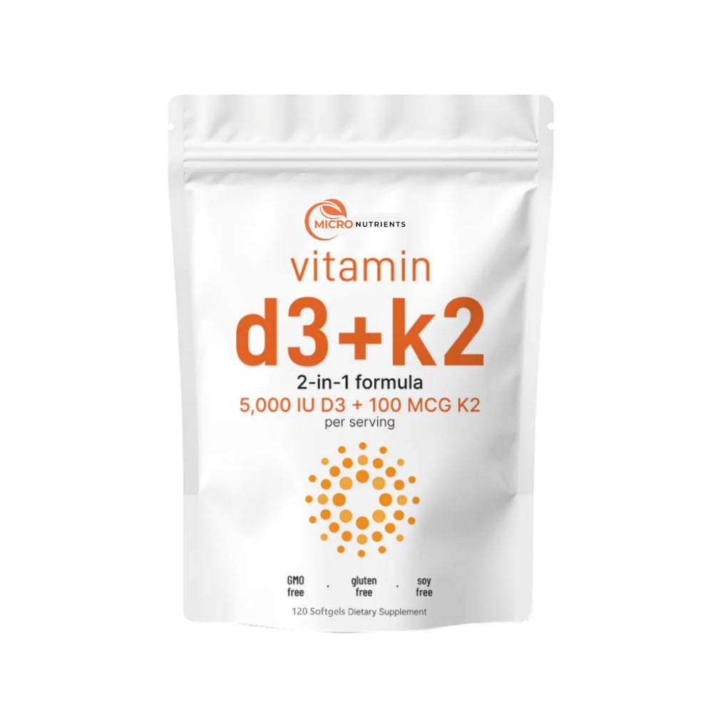 Supplement package with vitamin D3 and K2 from micronutrients on a white background