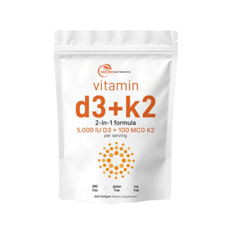 Supplement package with vitamin D3 and K2 on a white background