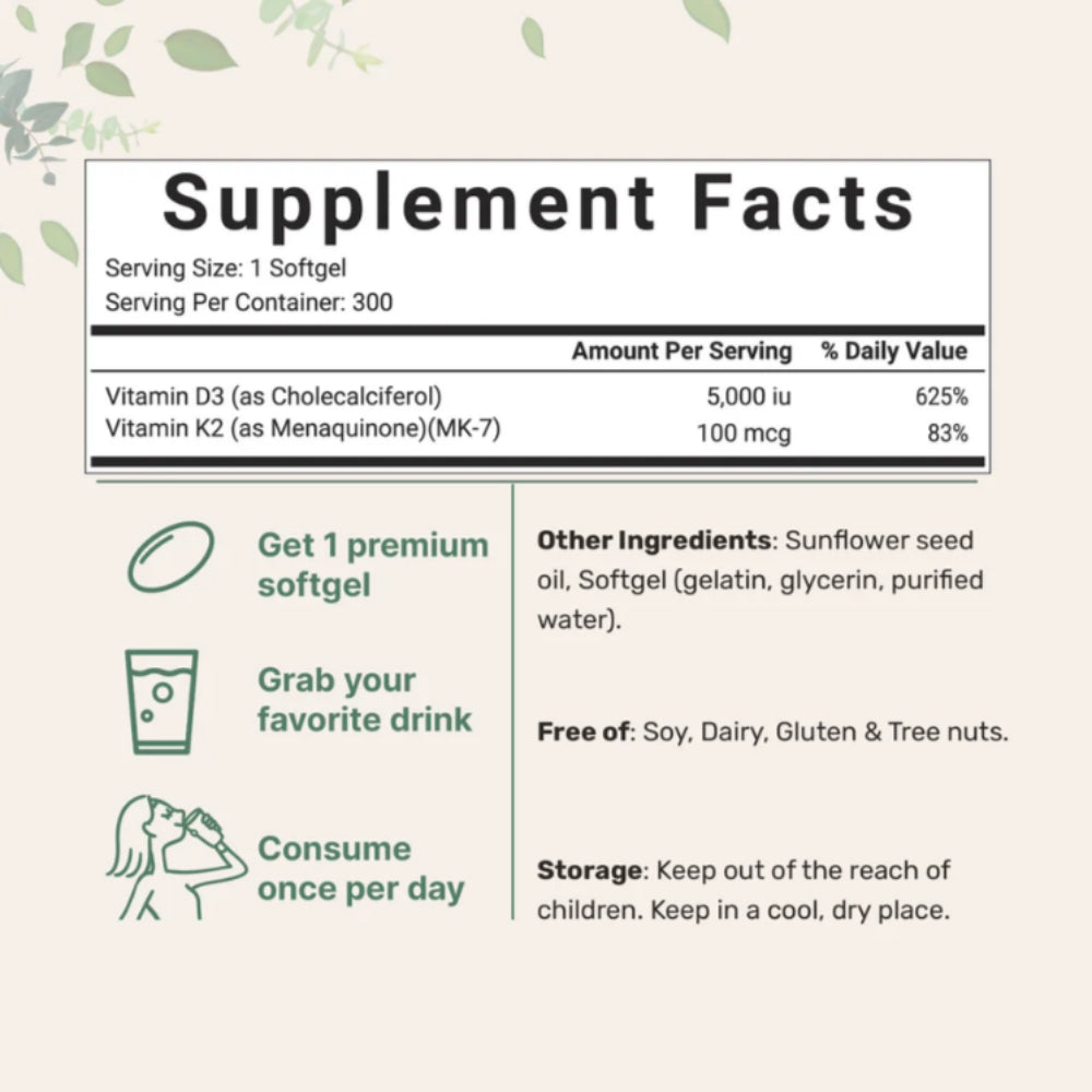 Supplement facts label with vitamin D3 and K2 information on a light background.