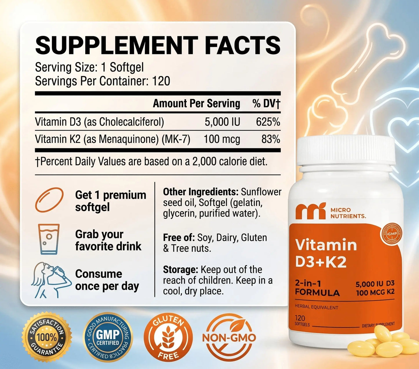 Supplement facts label and bottle of Vitamin D3+K2 supplement with decorative background